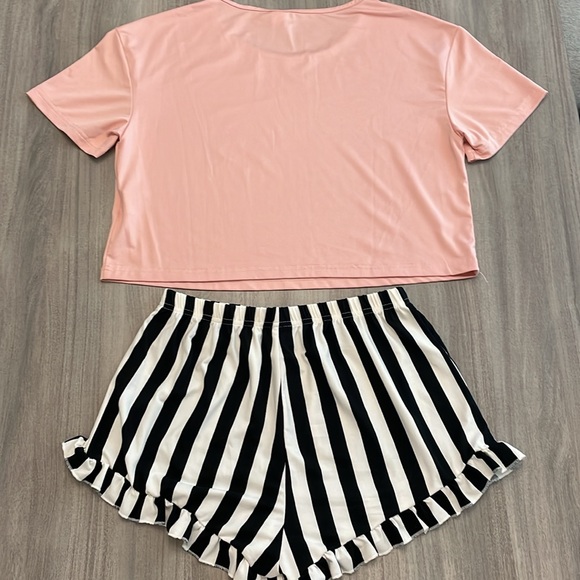 Women’s Pajama Shorts Black and White Stripe and Pink Top Let Me Sleep - Picture 11 of 12